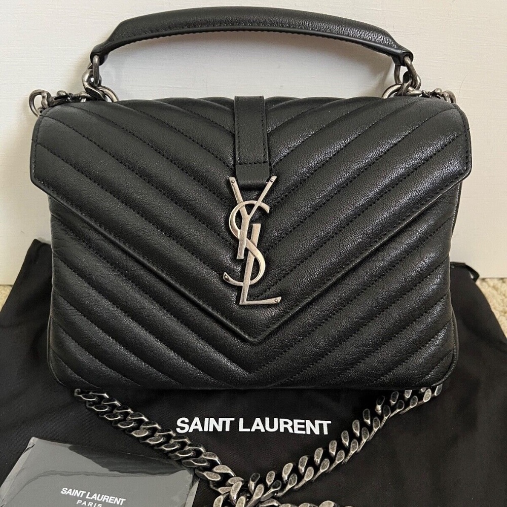 Saint Laurent YSL Monogram College Black Quilted Logo Medium Flap Shoulder Bag